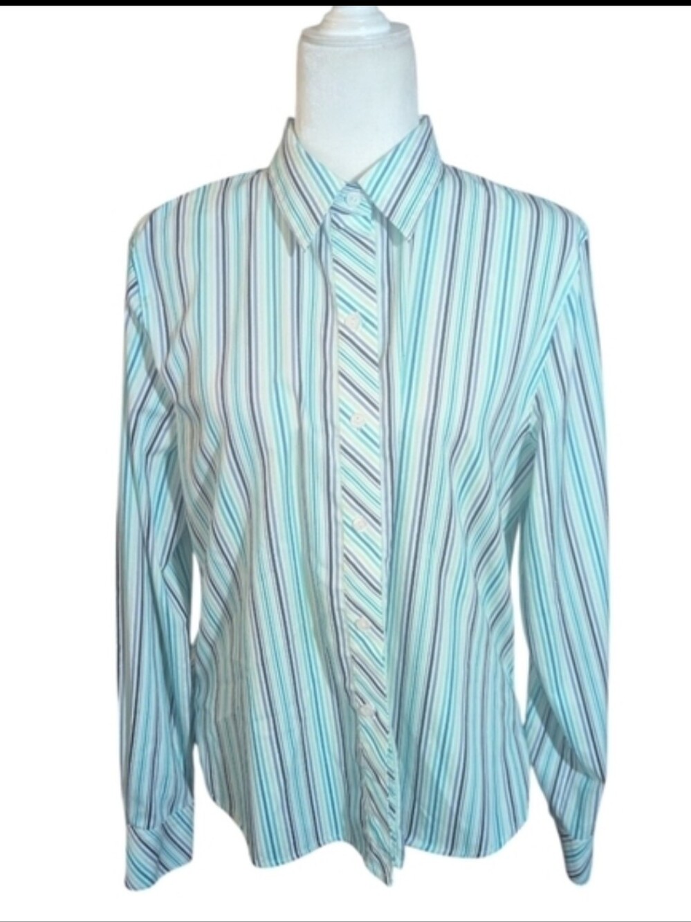 Foxcroft Casual Green/White/Gray Preppy Striped Button Up Crisp Shirt Sz 14